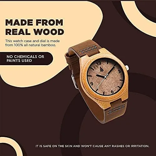 Vista 5 de Treehut Reloj de madera de bambú de nogal para hombre con correa de cuero marrón genuino analógico de cuarzo con movimiento Miyota, 1.3 pulgadas..