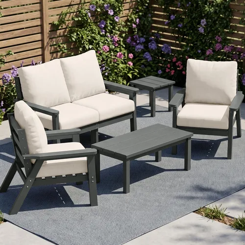 Vista 60 de PLUUV Juego de muebles de patio al aire libre HDPE, 7 piezas, marco negro Marco negro/cojín gris