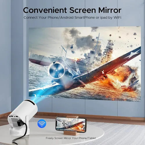 Vista 3 de Mini proyector con WiFi y Bluetooth, proyector de película portátil inteligente compatible con 4K, 300 ANSI, altavoz base de 5 W, rotación de 220°