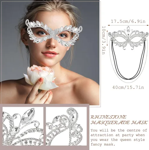 Vista 2 de 2 máscaras de máscaras de diamantes de imitación de cristal de fantasía, para fiesta veneciana, graduación, corona, para disfraz de mujer