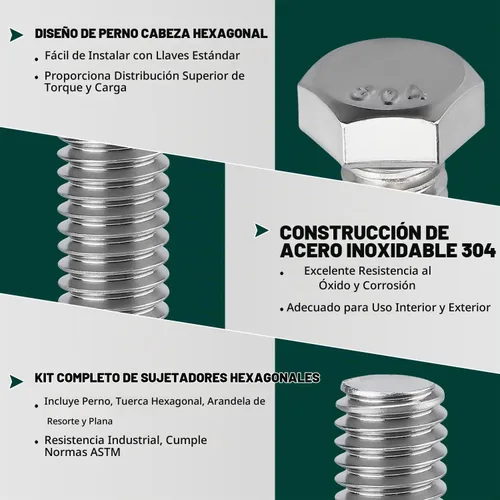 Vista 6 de (5 juegos) Kit de tornillos y tuercas hexagonales de 1/2-13 x 1-1/2 pulgadas, acero inoxidable 304 (18-8), totalmente roscado, arandelas planas