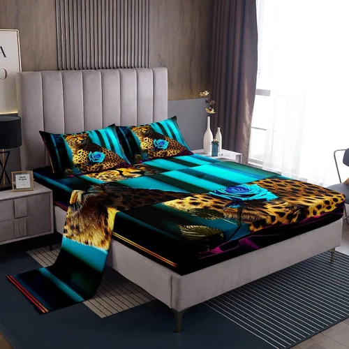 Vista 16 de Erosebridal Sábanas de cama de guepardo con rosa roja, juego de sábanas de bolsillo profundo con estampado de leopardo y gato, sábana bajera