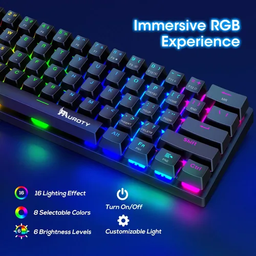 Vista 9 de Pauroty 60% Teclado mecánico inalámbrico, teclado de juego de triple modo 2.4G/USB-C/Bluetooth, retroiluminación RGB, interruptor azul clicky