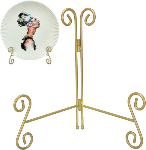 Vista 10 de Soporte de placa dorado de 6 pulgadas, soporte de placa de hierro plegable para exhibición, caballete de exhibición plegable para fotos, fotos