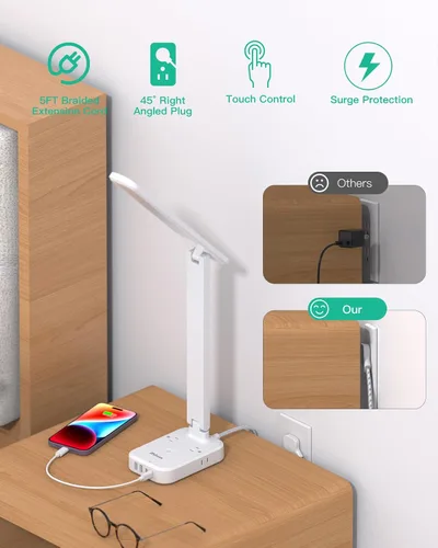 Vista 6 de Regleta de alimentación con lámpara LED de escritorio, lámparas de escritorio táctiles PD 30W, 4 tomas de corriente, 4 puertos USB (2 USB C)
