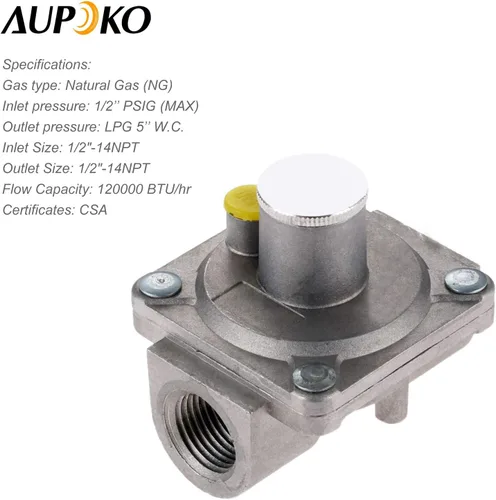Vista 2 de Aupoko Regulador de parrilla de gas natural 1/2 "-14NPT LP Reguladores de gas, presión de entrada: 1/2 "PSIG, presión de salida LPG 5 "W.C, para gas