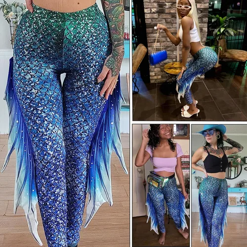 Vista 2 de color cosplayer Mermaid Yoga Print Leggings for Women Plus Size Fish Scale High Waisted Pants Halloween Costume Tights