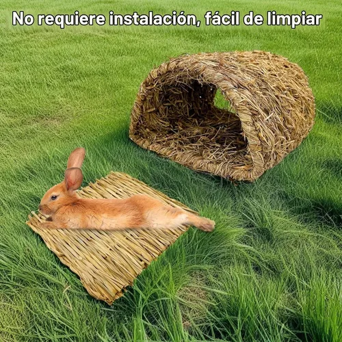 Vista 5 de Hamiledyi Túnel de hierba de conejo, cama de hierba de conejo, tapete tejido de paja natural para invierno, cabaña escondida cálida para conejo