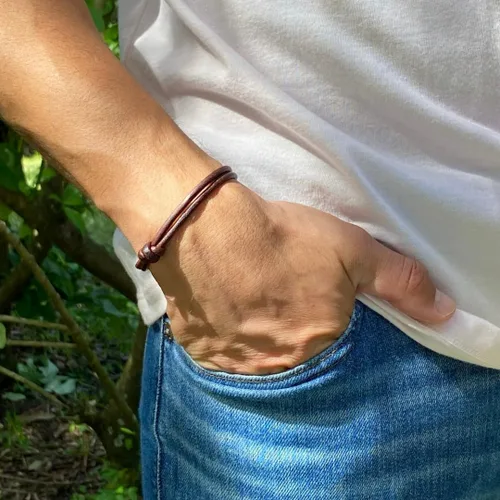 Vista 5 de 3 mm Men Genuine Leather Bracelet - Handmade Adjustable Cuff, Mens Minimalism Leather Wrap Wristband, Simple Accessories, Premium Leather, Women