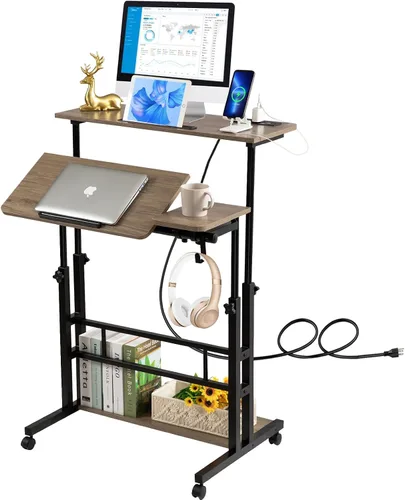 Vista 12 de Hadulcet Escritorio móvil de pie con estación de carga, escritorio ajustable para computadora de pie, carrito ajustable para laptop con ruedas