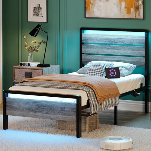 Vista 13 de VINGLI Base de cama de plataforma individual con cabecero y estribo LED, estación de carga USB, cama de panel de metal con espacio de almacenamiento