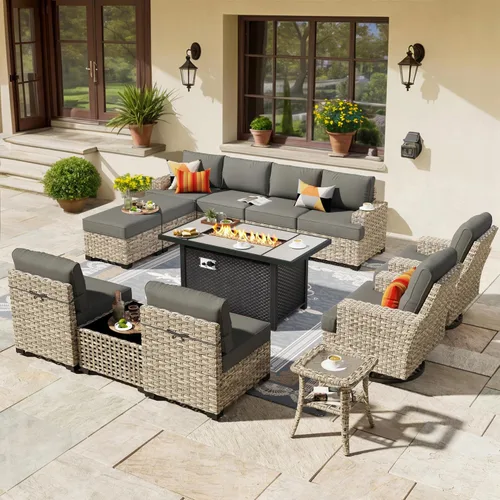 Vista 29 de HOOOWOOO Juego de Muebles Seccionales para Patio al Aire Libre, 6 Piezas Juegos de Conversación de Mimbre Sofá en Forma de L, Sofá Extra Profundo