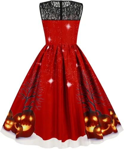 Vista 4 de Vestido de Halloween para mujer 2022, cuello redondo, sin mangas, encaje, retro, delgado, dobladillo grande