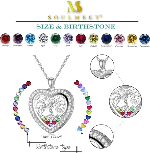 Vista 5 de SOULMEET Collar de medallón flotante redondo con forma de corazón que sostiene piedras de nacimientoimágenesrelicario para el cabello, flor viva