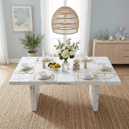 Vista 2 de gopop Mesa de comedor de mármol de 63 pulgadas, tablero de mesa de comedor MDF con patrón de mármol y base para cocina y comedor.