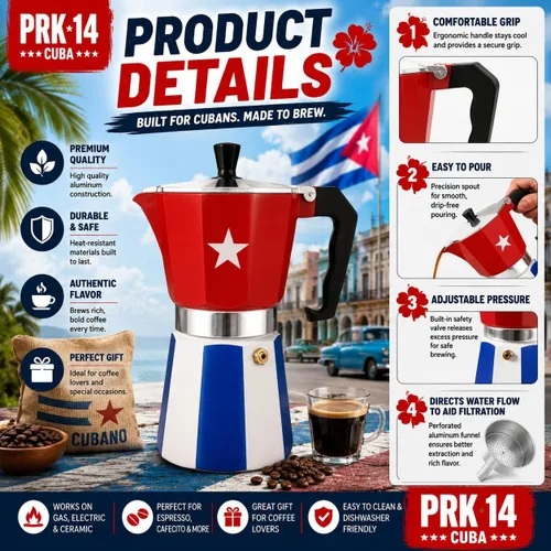 Vista 3 de PRK 14 Cafetera cubana Greca Pot de aluminio con diseño de bandera de Cuba Cafetera de café tradicional para café cubano auténtico, 6 tazas