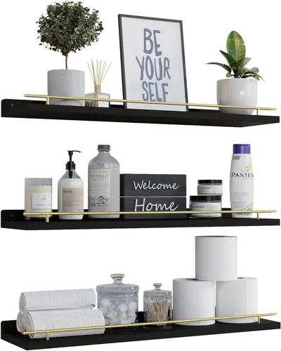 Vista 16 de WOPITUES Estantes flotantes con barandilla de metal negro, estantes para decoración de pared, juego de 3, estantes de pared para dormitorio, baño