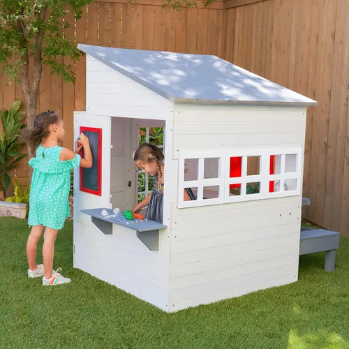 Vista 2 de KidKraft Moderna casa de juegos de madera para exteriores con mesa de picnic, buzón y parrilla al aire libre, color blanco