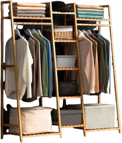 Vista 9 de Freestanding Clothes Hanging Rack with Hooks,Bamboo Garment Rack with Shoe Shelf,Heavy Duty Bamboo Garment Rack,Heavy Duty Bamboo Clothes Rail