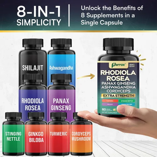 Vista 4 de Rhodiola Rosea Panax Ginseng Ashwagandha Cordyceps Champiñón Cúrcuma Ginkgo Biloba Ortiga Adaptógeno Mezcla Suplemento Cápsulas para Apoyo Diario
