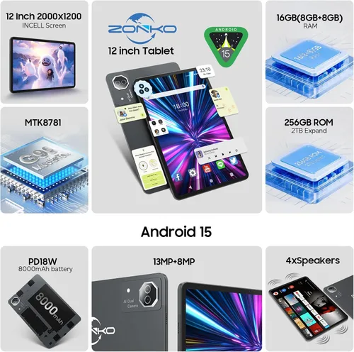 Vista 2 de Tablet de pantalla grande de 12 pulgadas, Android 15 Tablet 16GB RAM 256GB ROM, 2K 2000x1200 Incell Widevine L1 Display, tabletas