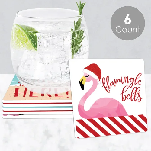 Vista 2 de Big Dot of Happiness Flamingle Bells - Divertidas decoraciones tropicales para fiestas de Navidad, posavasos para bebidas, juego de 6