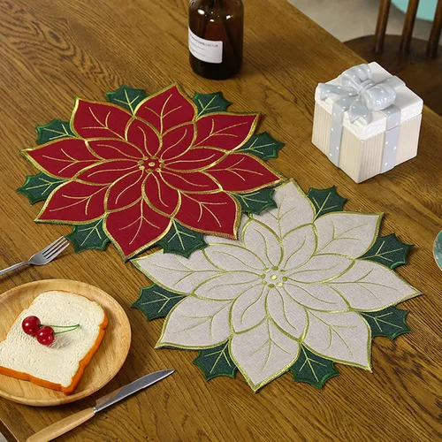 Vista 7 de Juego de manteles individuales de Navidad de 16 pulgadas, manteles individuales de flor de pascua con bordados y hojas verdes, manteles individuales