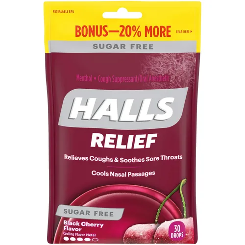 Vista 2 de HALLS Relief - Gotas para la tos con sabor a cereza negra, sin azúcar, 1 bolsa (30 gotas en total)
