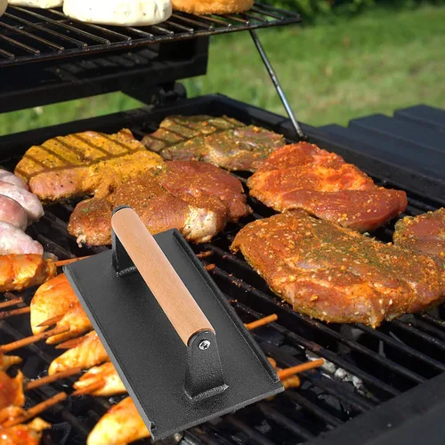 Vista 7 de Prensa rectangular de hierro fundido para parrilla, paquete de 3 prensas de carne de carne resistente de 4 x 8 pulgadas con mango de madera