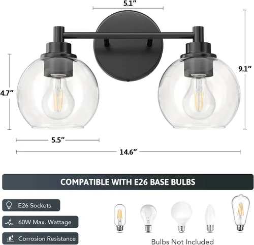 Vista 5 de VONLUCE Accesorios de iluminación de baño, luz de tocador de baño de 2 luces con pantallas de vidrio globo E26, luces de tocador para dormitorio