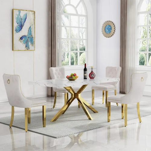 Vista 83 de HomVent - Juego de mesa de comedor de mármol sintético de 68 pulgadas con 4 sillas de terciopelo para cocina Modern Rectangular Faux Marble