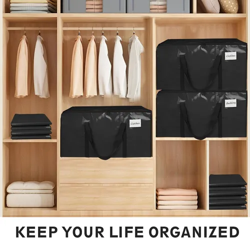 Vista 5 de Paquete de 4 bolsas de mudanza extra grandes y resistentes, bolsas de almacenamiento impermeables con asas y cremalleras, plegables para dormitorio