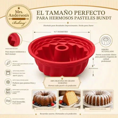 Vista 2 de Mrs. Anderson's Baking Molde de silicona Bundt para tartas, 9 pulgadas, utensilios de silicona de grado europeo para hornear