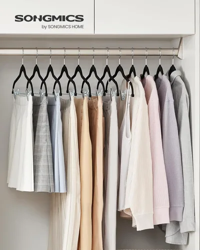 Vista 2 de SONGMICS Paquete de 20 perchas para pantalones, perchas de terciopelo de 16.7 pulgadas de largo con clips ajustables, perchas resistentes