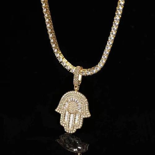 Vista 3 de Collar Hip Hop Hamsa para hombre, colgante de mano Hamsa de oro blanco de 18 quilates para mujer