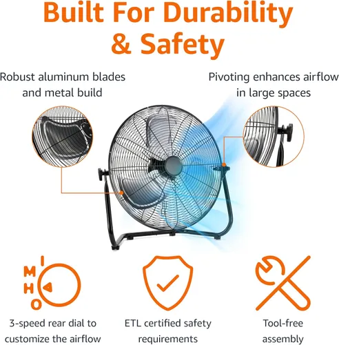 Vista 2 de Amazon Basics Ventilador industrial de alta velocidad de 18 pulgadas, ventilador de piso, con 3 velocidades, cabezal inclinable, cumple
