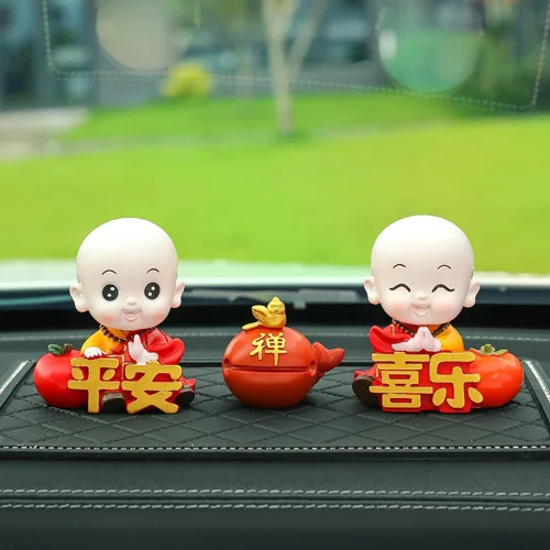 Vista 3 de Bonita estatua de monje bebé, figura de resina de monje de hoja de loto, figura de Buda en miniatura china para decoración del automóvil del hogar