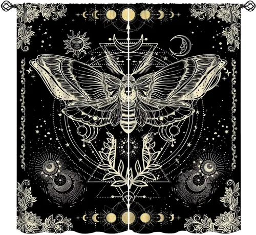 Vista 12 de Cortinas de mariposa de fantasía, polilla, sol, luna, estrella, arte floral, estampado floral, bolsillo para barra, cortinas opacas para ventana