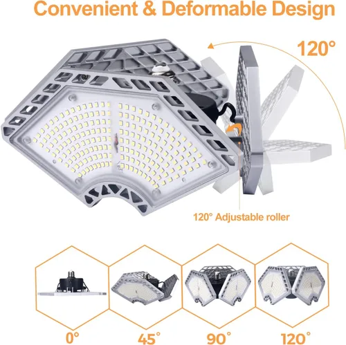 Vista 2 de KERNOWO Luces LED de garaje, 140 W, 18500 lúmenes, iluminación de garaje, luz diurna de 6000 K con lámpara de techo de tres paneles deformables