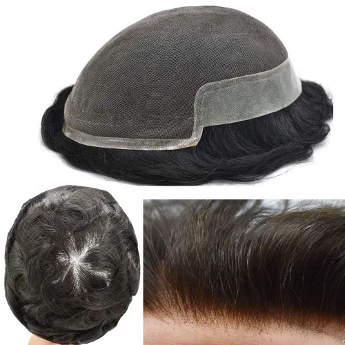 Vista 57 de Tupé de encaje suizo para hombres, piezas de cabello humano real, encaje frontal, sistema de reemplazo de cabello tipo tupé, nudo blanqueado, línea