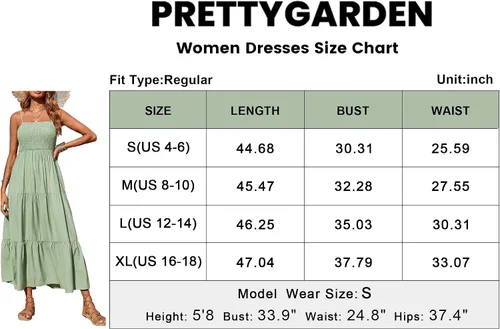 Vista 6 de PRETTYGARDEN - Vestido largo de verano para mujer, casual, bohemio, sin mangas, con tirantes delgados, fruncido, para playa, para el sol