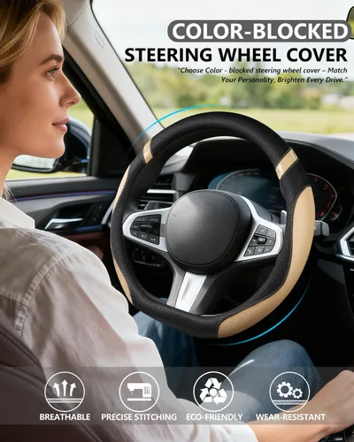 Vista 2 de Cxtiy Funda de volante con parte inferior plana en forma de D para mujeres y niñas, accesorio de coche elegante (beige)