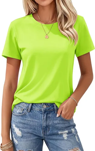 Vista 18 de MAGCOMSEN Camisetas de algodón para mujer de manga corta con cuello redondo, camisetas de ajuste clásico y transpirables de verano a1-Negro