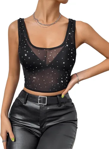 Vista 4 de Floerns Camiseta corta sin mangas de malla transparente con cuello redondo y diamantes de imitación para mujer