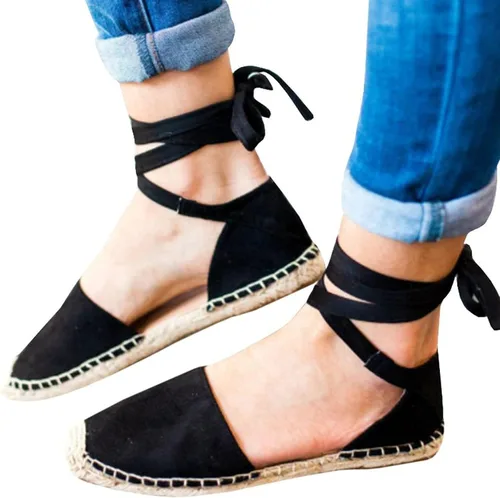 Vista 4 de Aniywn Alpargatas de punta cerrada para mujer sandalias de tacón de cuña baja con cordones correas de tobillo zapatos planos casuales de verano