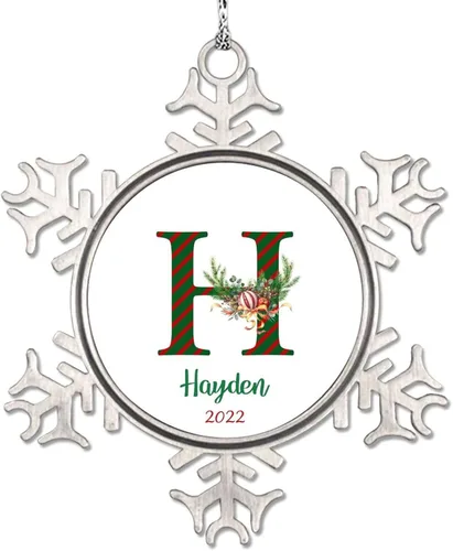 Vista 14 de Monograma inicial letra A copo de nieve, adorno de bayas de pino de Navidad para decoración de árbol de Navidad, adornos de Navidad personalizados