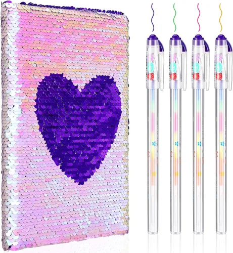 Vista 12 de Outus Juego de diario de lentejuelas para niñas con 4 bolígrafos de tinta de gel de color, diario reversible, cuaderno de lentejuelas con purpurina