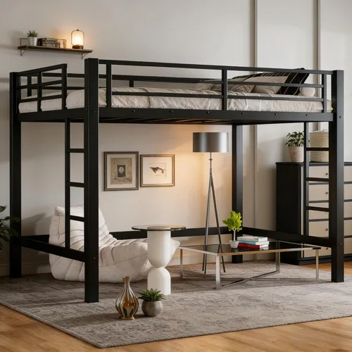 Vista 15 de Cama alta individual con escaleras, cama alta de metal individual con tapones antivibraciones y reducción de ruido, cama alta resistente