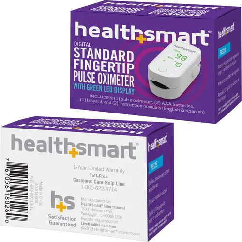 Vista 7 de Oxímetro de pulso HealthSmart para la yema del dedo que muestra el contenido de saturación de oxígeno en sangre, frecuencia de pulso y barra