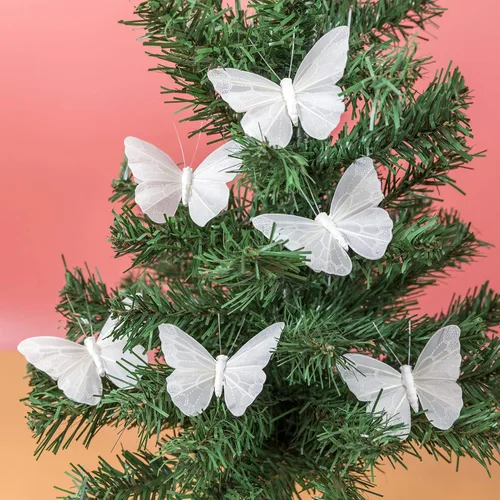 Vista 3 de Berfutall - Juego de 12 mariposas de plumas para decoración de mariposas, blancas en alambre. Decoración del hogar de primavera para fiestas, fotos